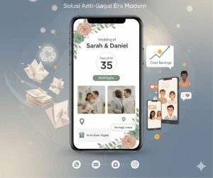 Ilustrasi aplikasi Undangan Digital Pernikahan di layar smartphone, menampilkan fitur hitungan mundur (35 hari), tombol RSVP Digital, tautan navigasi lokasi, dan opsi Kirim Kado Digital, dikelilingi oleh ikon daur ulang (simbol ramah lingkungan) dan grafik peningkatan penghematan biaya, serta pasangan yang melihat undangan melalui ponsel mereka, menekankan solusi modern dan efisien.