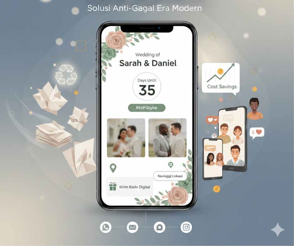 Ilustrasi aplikasi Undangan Digital Pernikahan di layar smartphone, menampilkan fitur hitungan mundur (35 hari), tombol RSVP Digital, tautan navigasi lokasi, dan opsi Kirim Kado Digital, dikelilingi oleh ikon daur ulang (simbol ramah lingkungan) dan grafik peningkatan penghematan biaya, serta pasangan yang melihat undangan melalui ponsel mereka, menekankan solusi modern dan efisien.